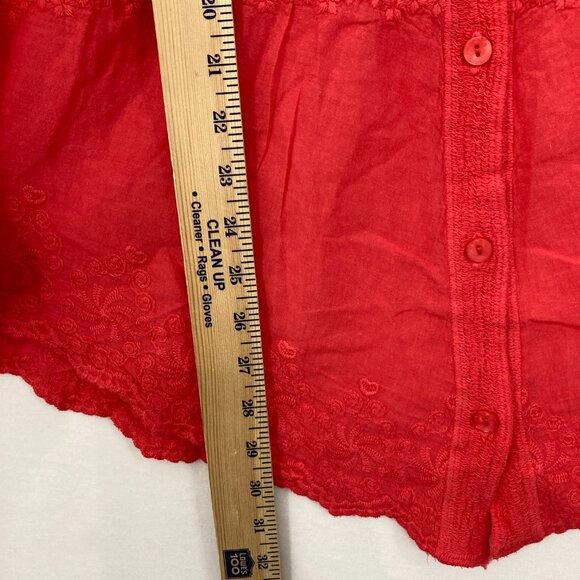 Solitaire 1X Red Embroidered Textured Flare Sleeve Boho Button Down Vacation - Picture 5 of 10